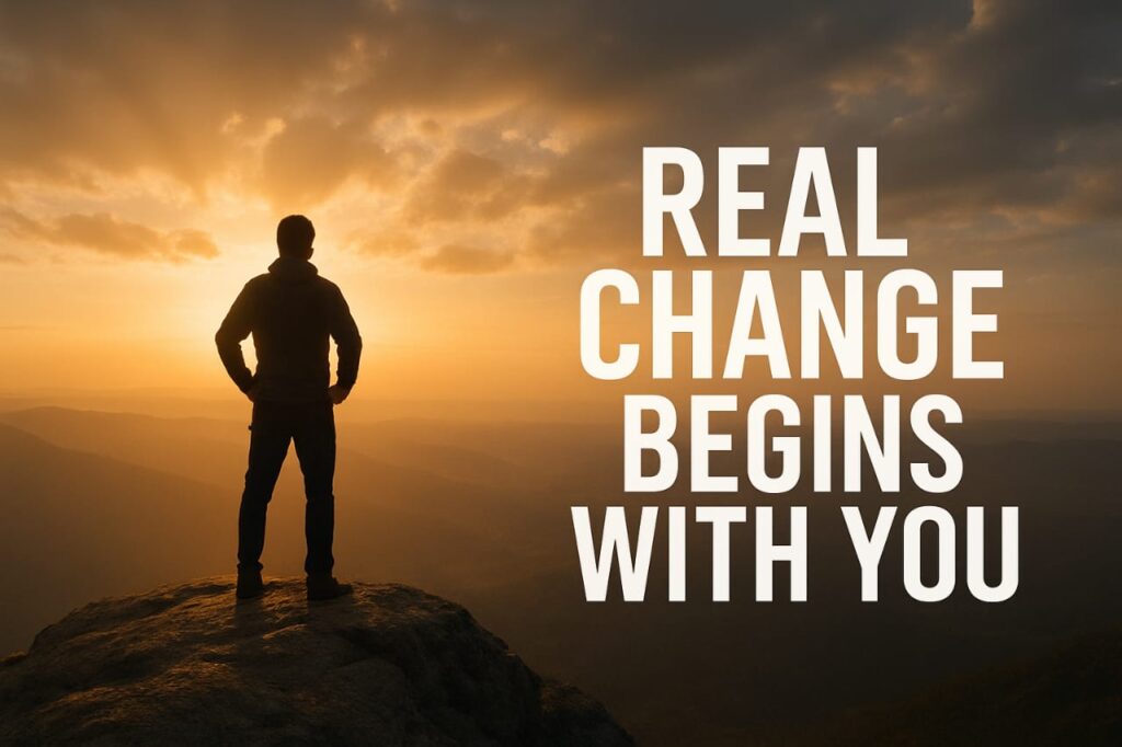 Silhouette of a person standing on a mountain at sunrise with the text ‘Real Change Begins With You’