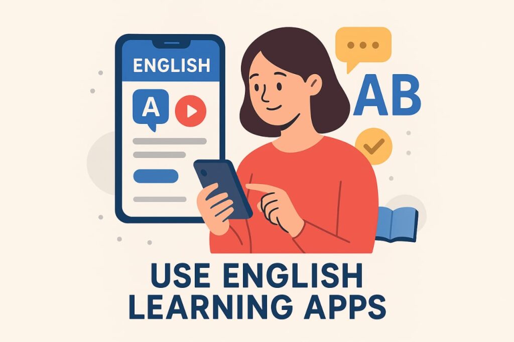 Person using a mobile app to learn English.