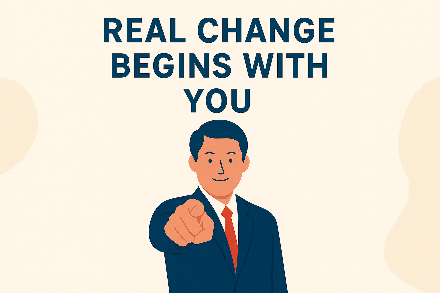 Motivational illustration with the text “Real Change Begins With You” and a person pointing forward.