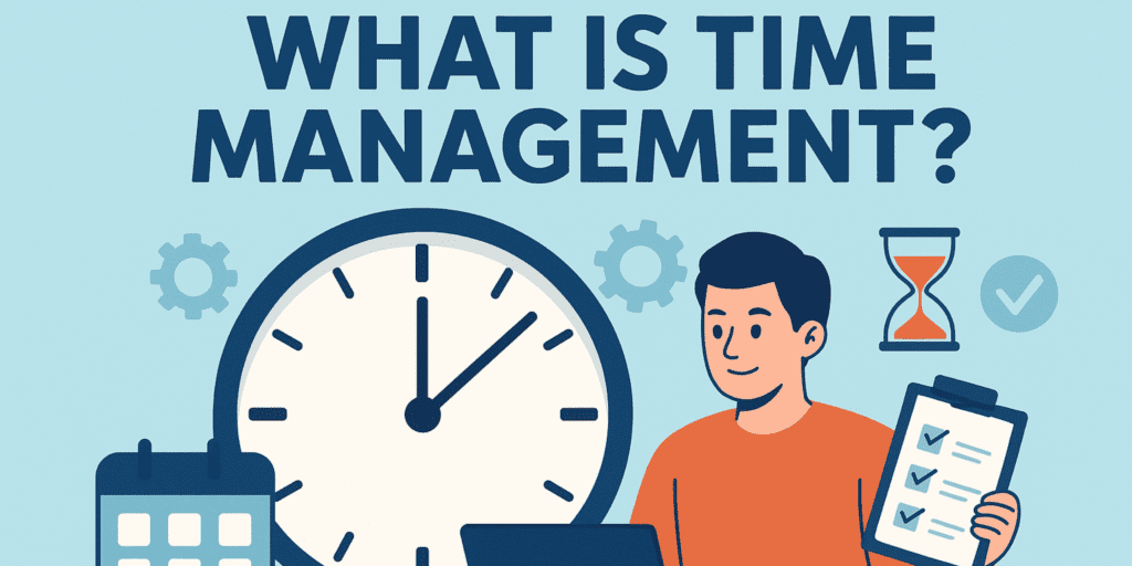 Illustration showing time management with clock, laptop, and task checklist.