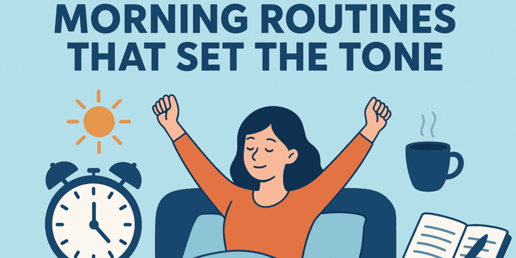 Person starting a positive morning routine with alarm, sun, and coffee.