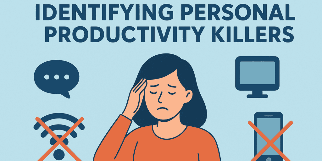 Illustration showing a stressed person blocking digital distractions.