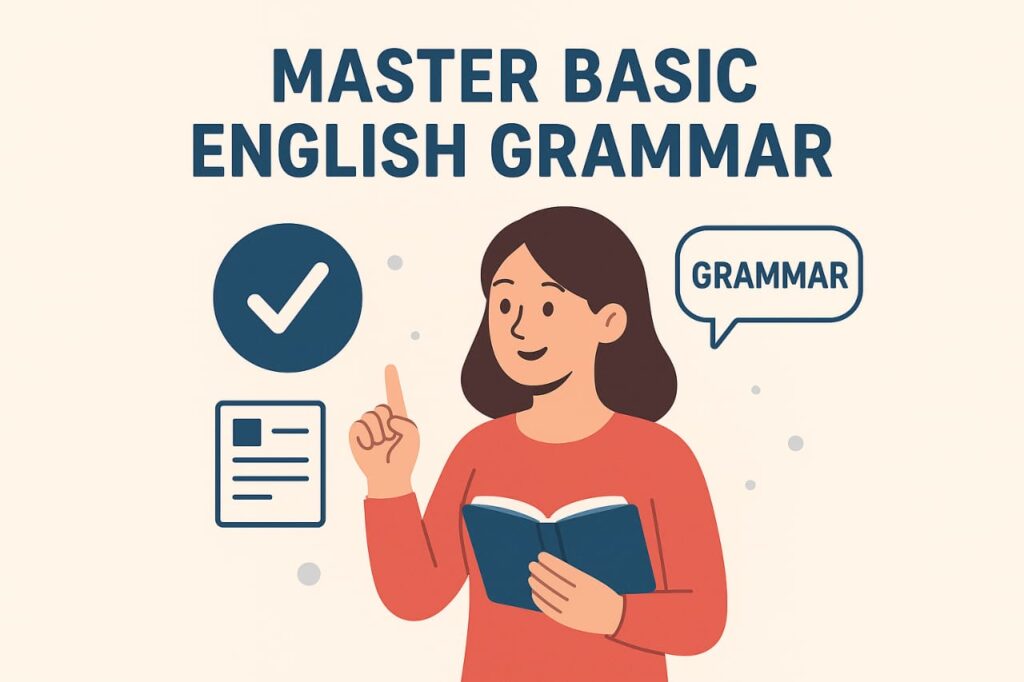 Illustration of a woman holding a book and pointing upward with text "Master Basic English Grammar