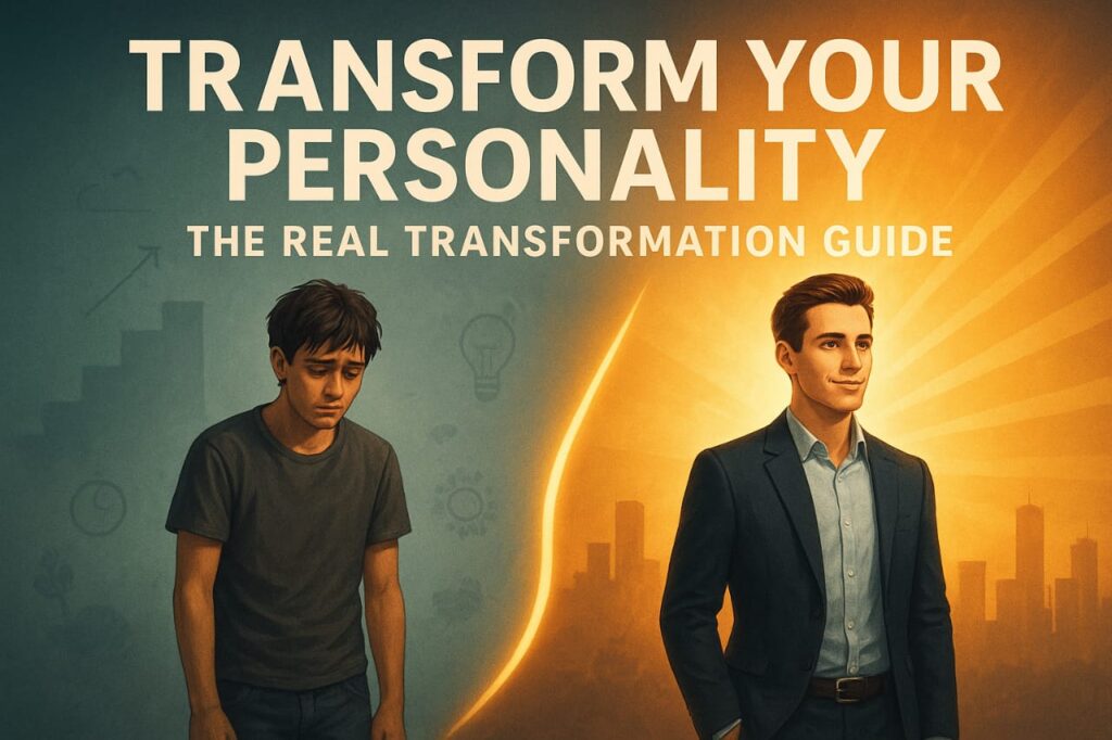 Before and after illustration of a man transforming from insecure to confident with the title ‘Transform Your Personality