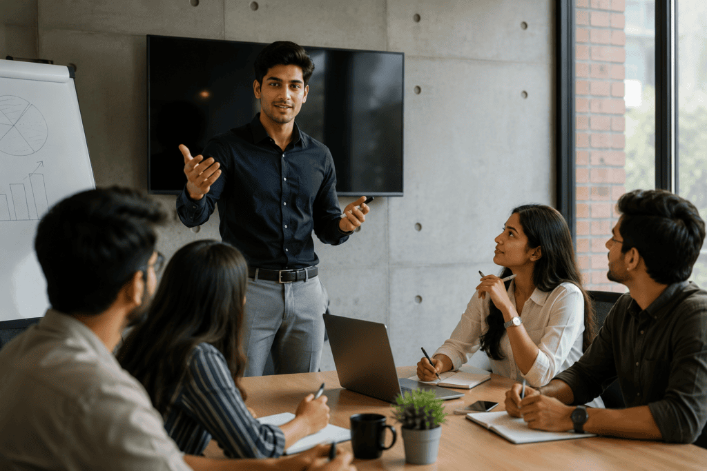 Students improving communication skills through personality development classes by practicing presentations, active listening, and confident speaking.