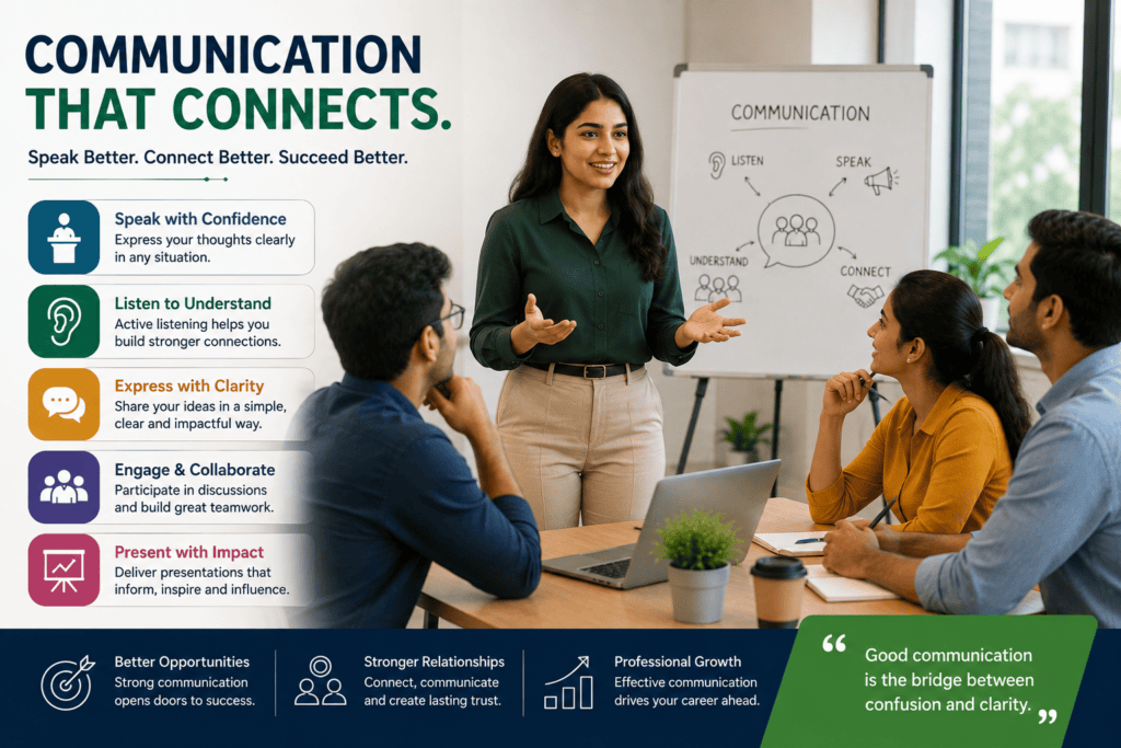 Interactive communication skills training session with a trainer guiding students in a modern classroom.