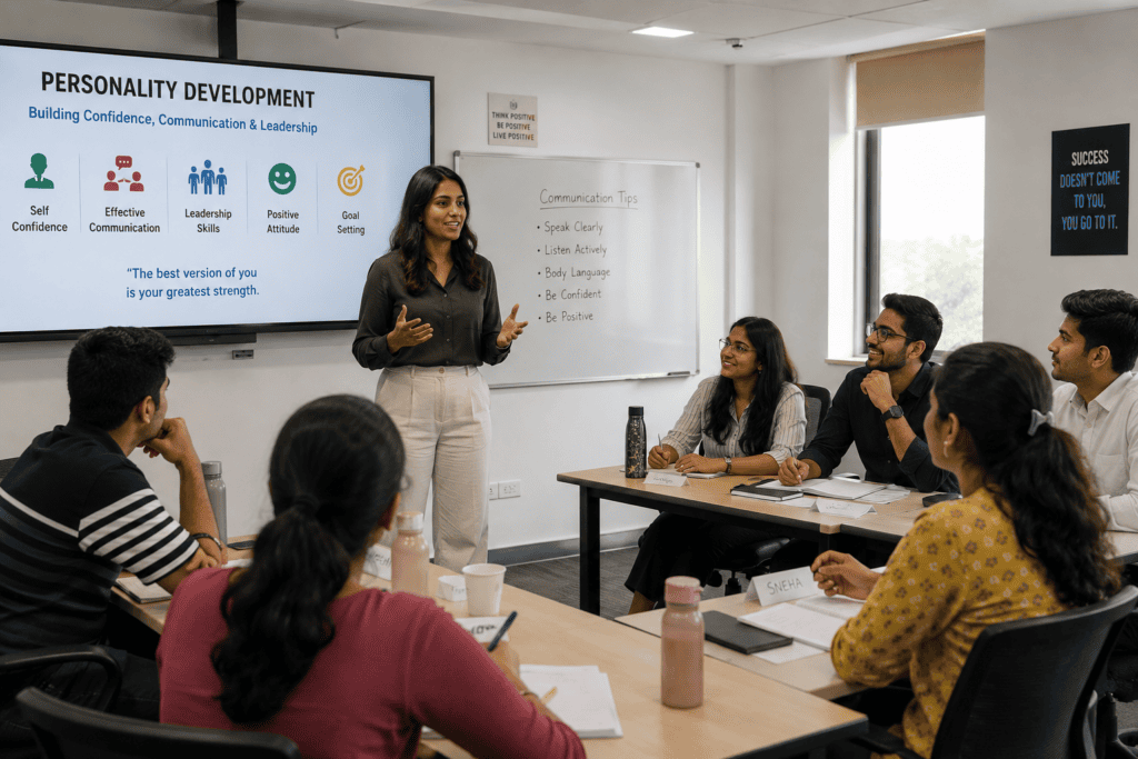 Students attending a personality development course to improve communication skills, confidence, leadership, and professional growth through practical classroom training.