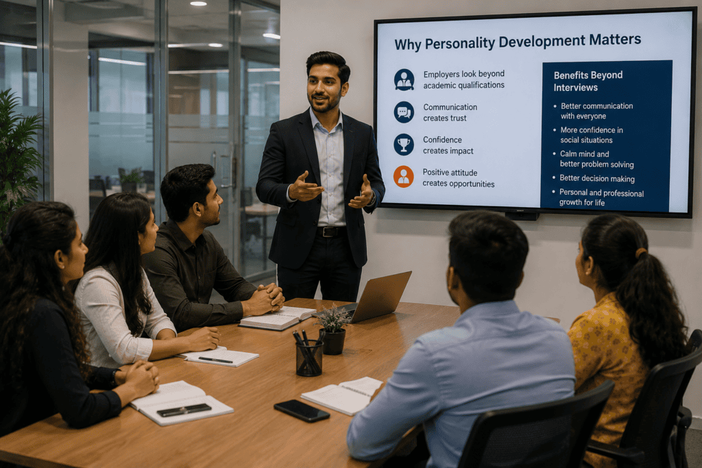 Students attending a personality development course to improve communication, confidence, leadership, teamwork, and career-ready skills through practical training.