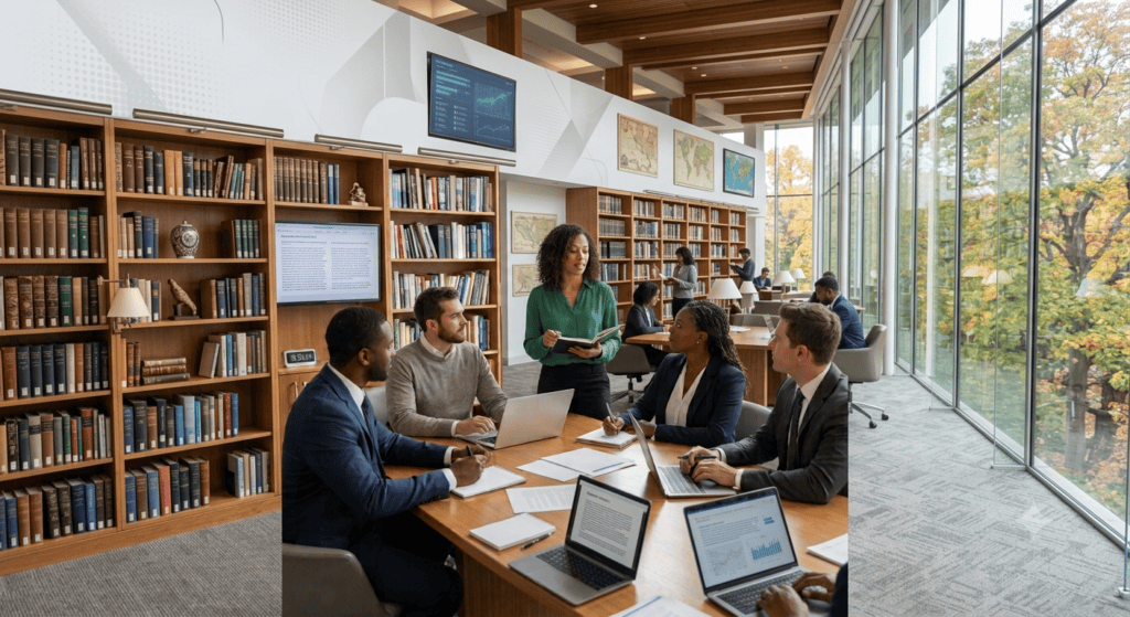 University students discussing ideas at a library table, highlighting personal growth for students in higher education.