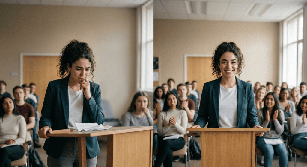 Student practicing a speech in front of classmates