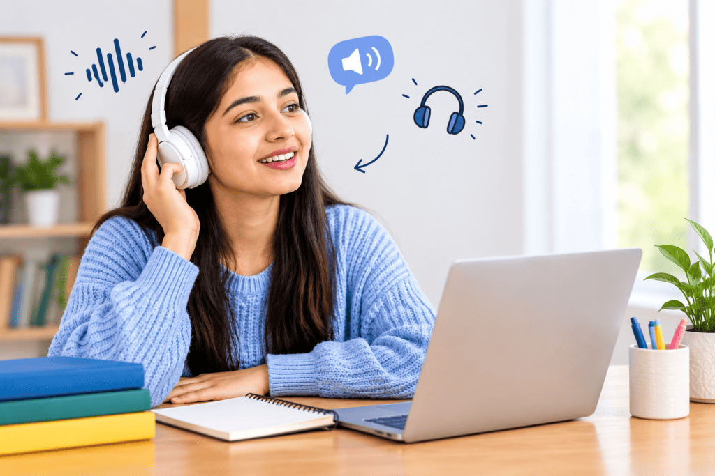woman listening to English audio with headphones for speaking practice