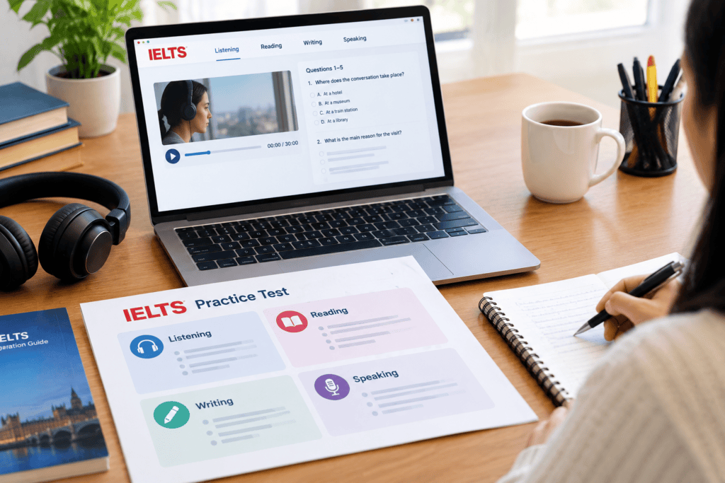IELTS exam preparation with Listening, Reading, Writing and Speaking practice materials on a study desk.