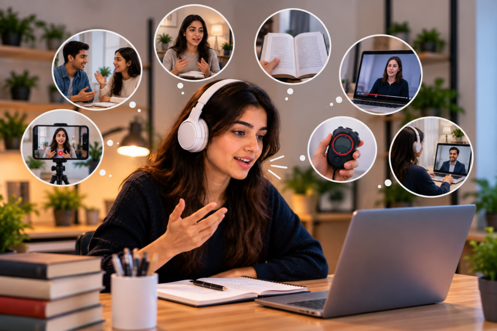 How Can You Become More Confident in PTE speaking fluency? onfidence develops through familiarity and practice. The more often you practise speaking, the less unusual the process feels. Try creating a daily English-speaking environment. You can: . Speak with a study partner . Describe your surroundings in English . Read English content aloud . Watch English videos and repeat sentences . Record yourself speaking . Practise PTE tasks with a timer . Participate in mock speaking sessions + ::: x E Do not wait until your English is perfect before speaking. Regular practice is how you become better. Remember that making mistakes during practice is completely normal. The important thing is to identify those mistakes and work on them consistently