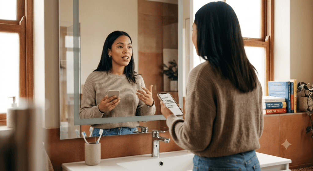 Young woman practicing daily spoken English in front of a mirror while using notes on her smartphone.