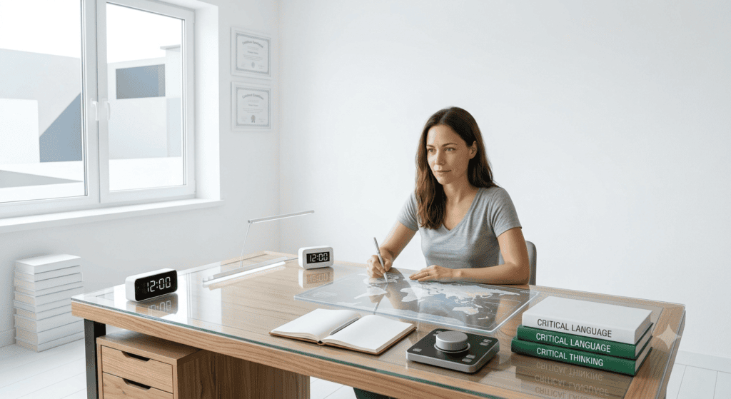 A woman sitting at a minimalist white desk with an open notebook, pen, laptop-like interactive mat, and study books in a bright, clean room.